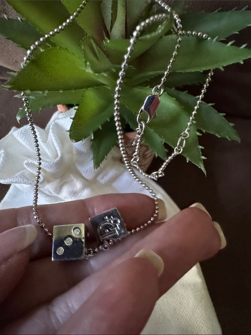 ❤️Dior Silver Rare PRICE DROP TODAY Rhinestone Dice Charm Necklace w White Pouch - Picture 4 of 7